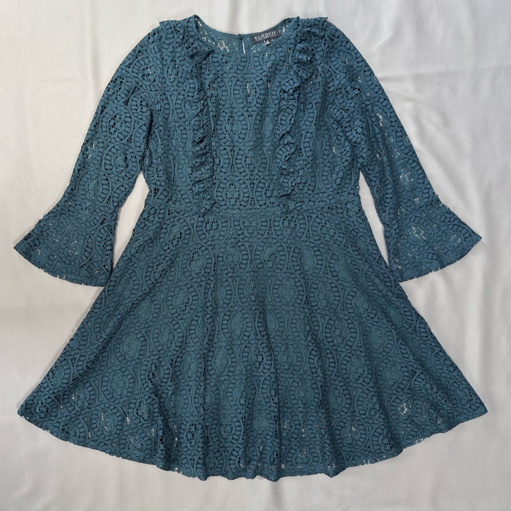 ELOQUII Lace Dress Plus Size 16, Green Blue, Ruffles, Bell Sleeves, Fit & Flare